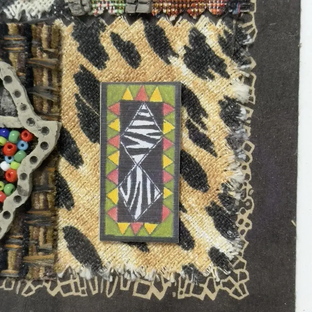 Framed Mixed Media African Safari Wildlife Tribal Wall Art Textile Decor 10x12